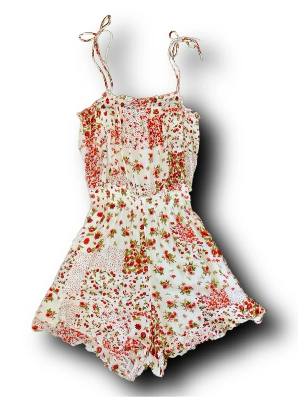 Black Tape Patchwork Floral Print Playsuit Romper Girlhoodcore Gardencore Twee